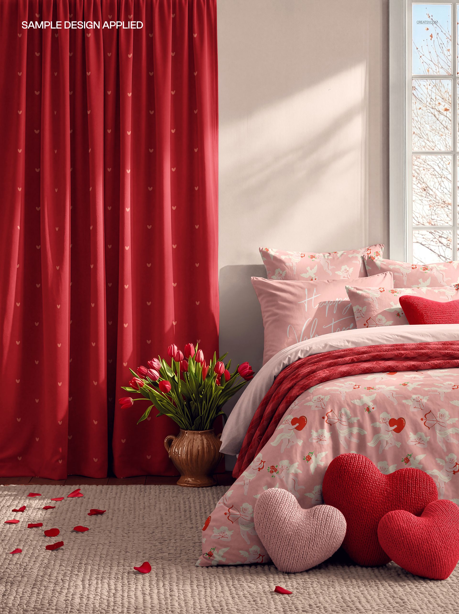 Romantic bedroom mockup with red heart-patterned curtains, pink bedding set, tulips, and heart-shaped pillows.