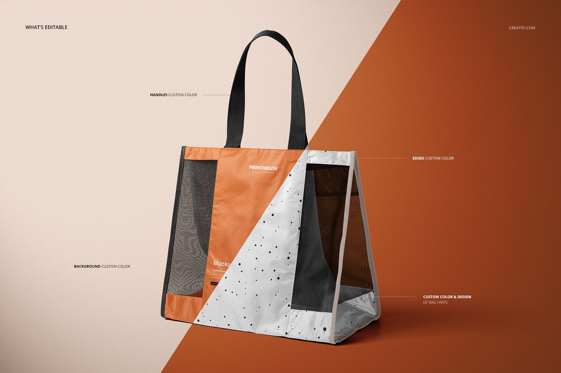 PSD mockup of a mesh shopping tote bag featuring black handles, color-blocked orange and white panels, and mesh sections.
