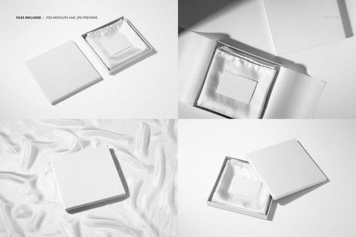 Habotai silk scarf mockup set showing a rectangular scarf with hand-rolled borders and a white box from various angles.