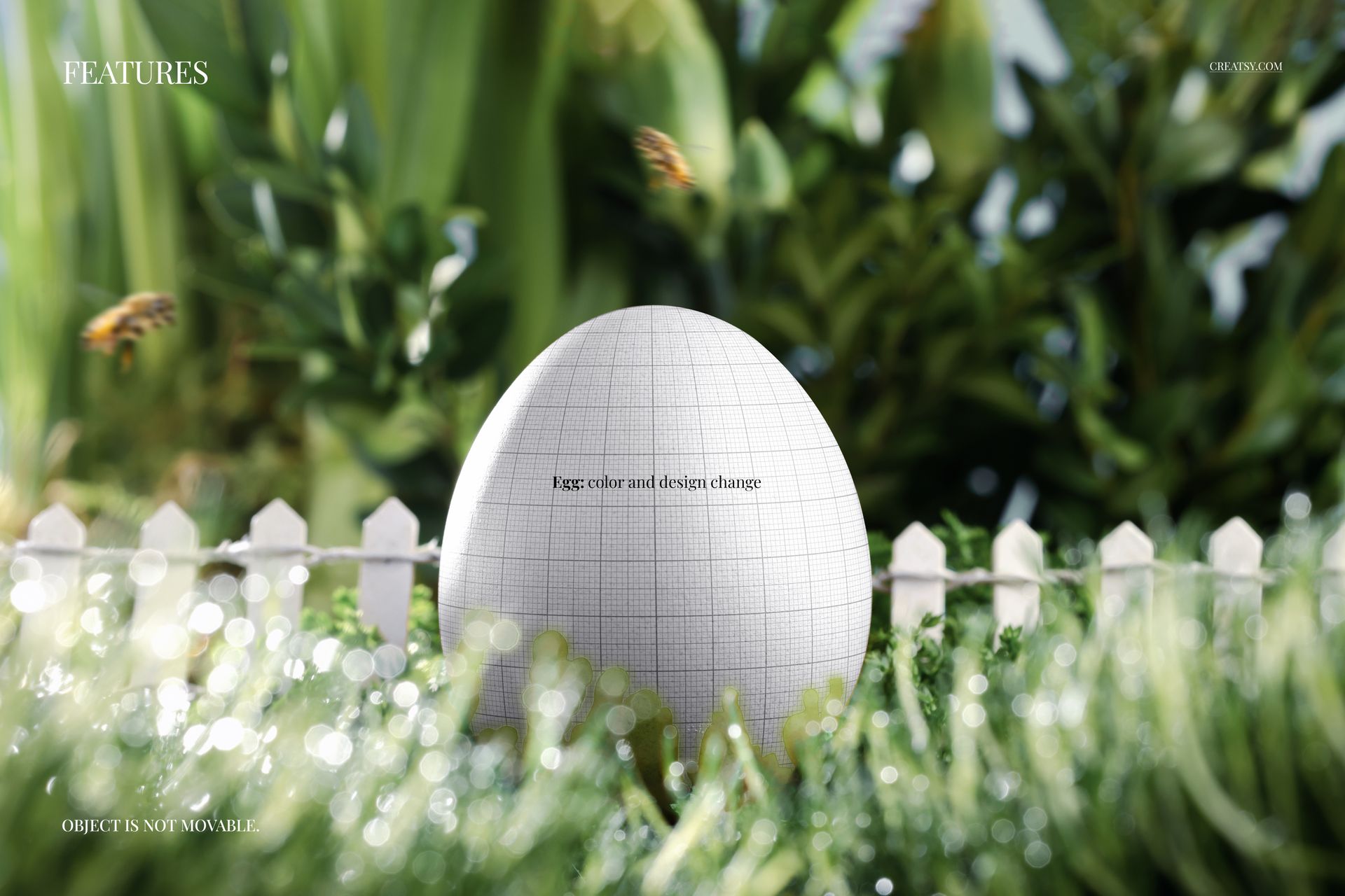 Easter egg mockup with a grid pattern placed on moss, surrounded by green foliage and a white fence.