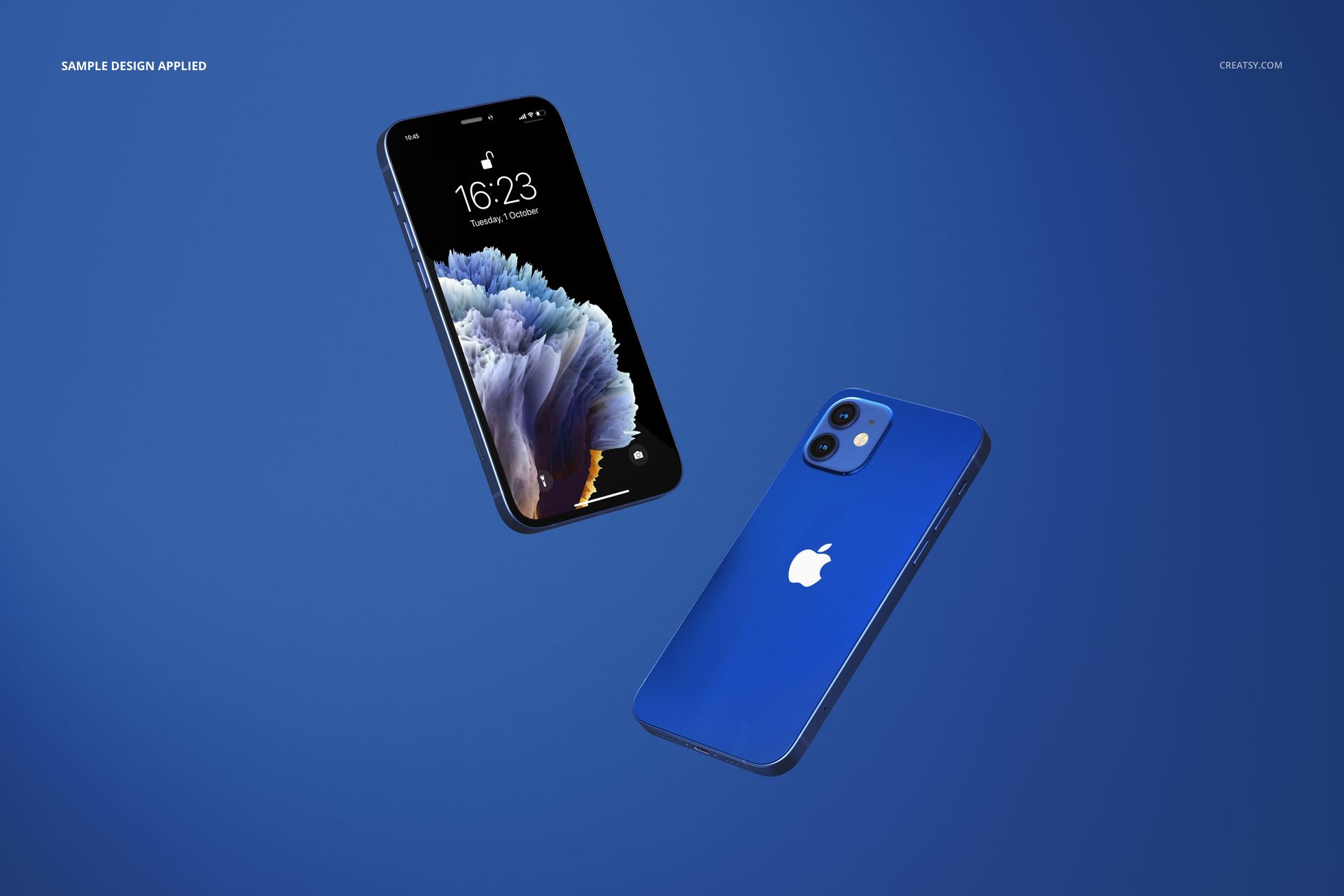 iPhone 12 PSD mockup featuring two phones, one with a vivid blue rear and the other showing the lock screen design.