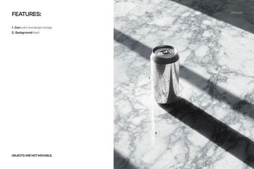 Single aluminum soda can with water droplets on a marble tabletop, shown in a PSD mockup with strong shadows.