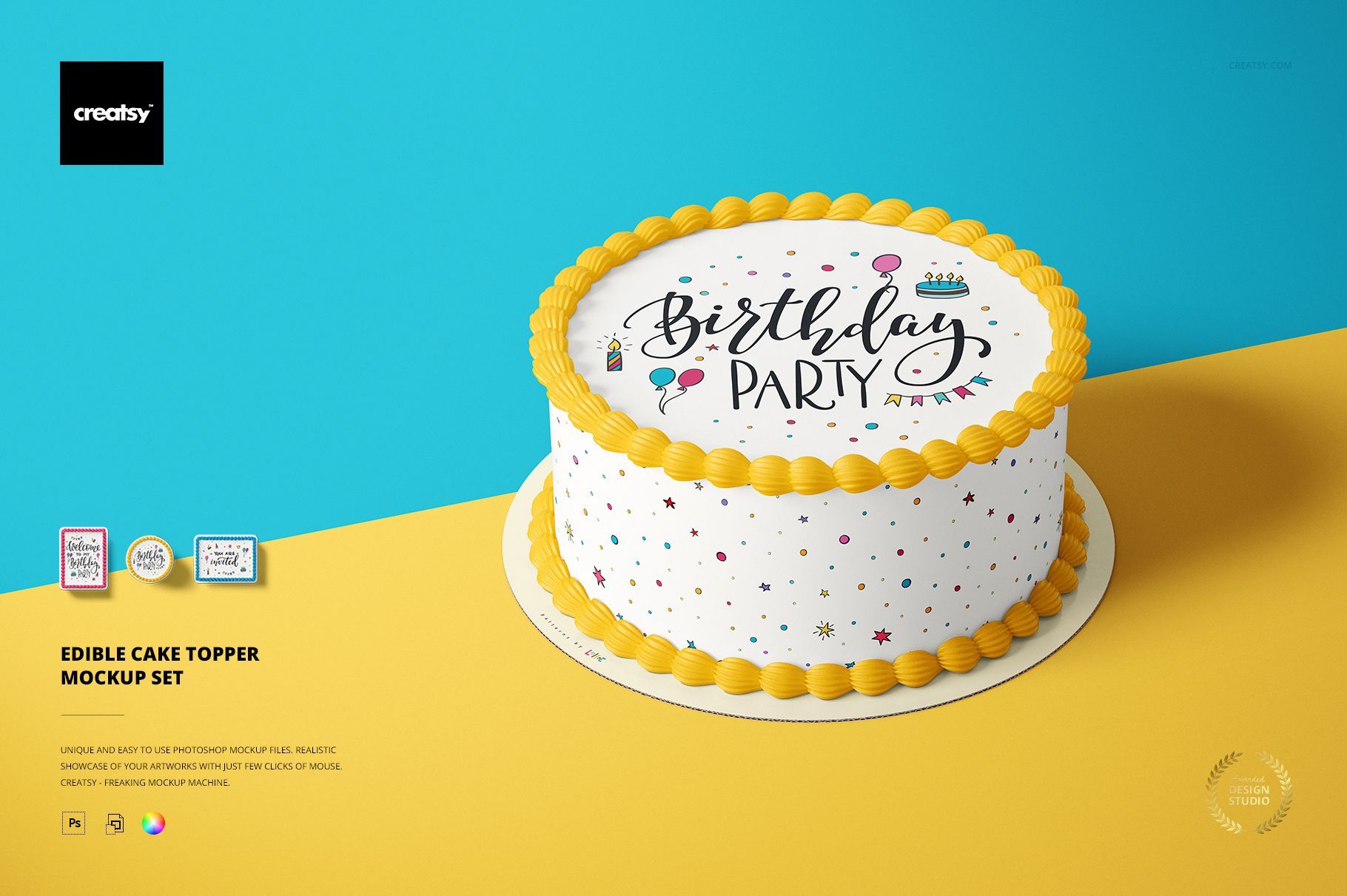 PSD mockup of a round cake featuring yellow frosting, confetti sides, and a festive birthday topper in a party setting.