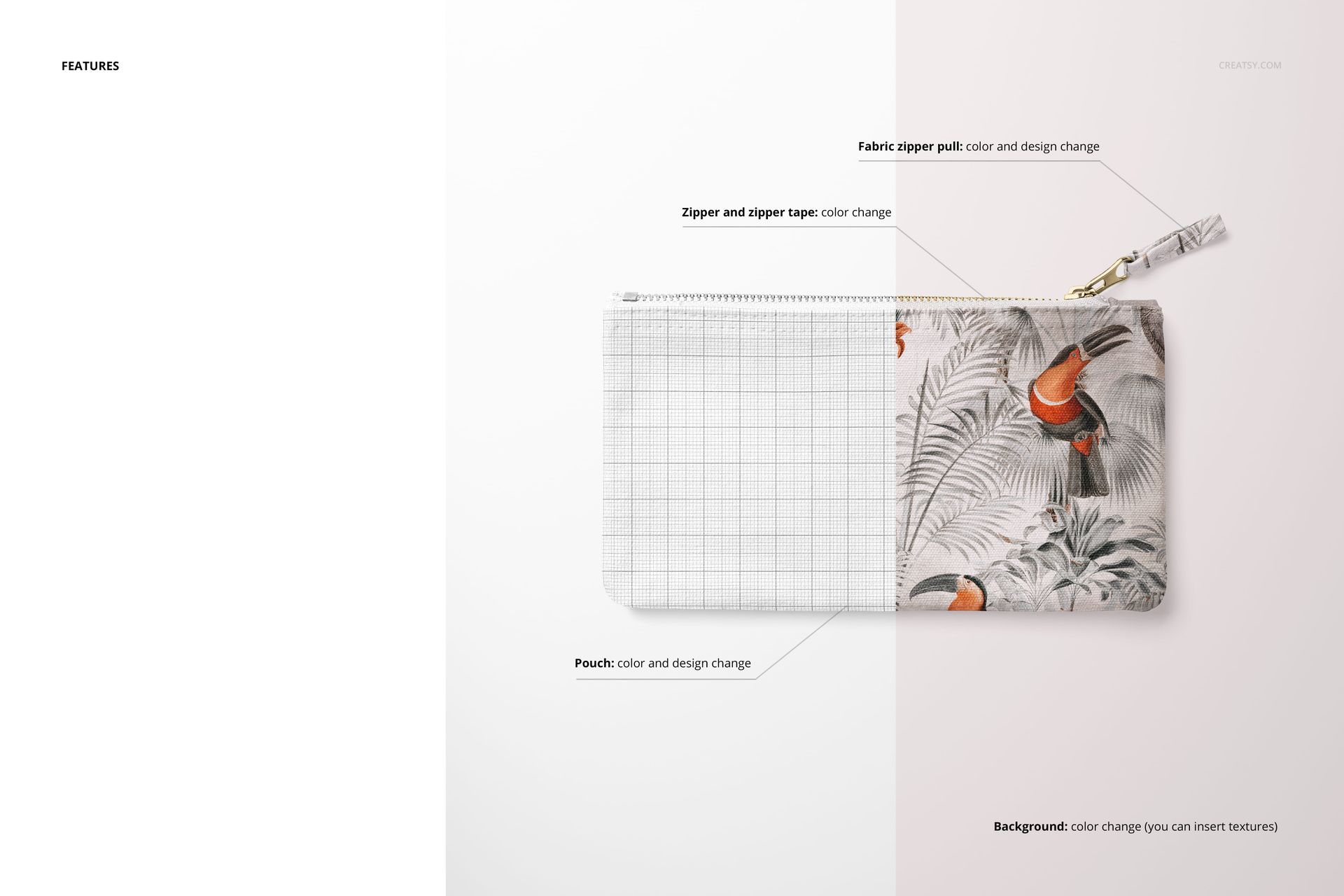 Flat canvas pouch with fabric zipper pull shown from the front, featuring a split design with grid and tropical bird patterns.