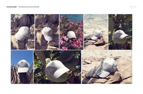 White snapback cap mockup displayed in various summer outdoor scenes, including rocks, flowers, and cactus plants.