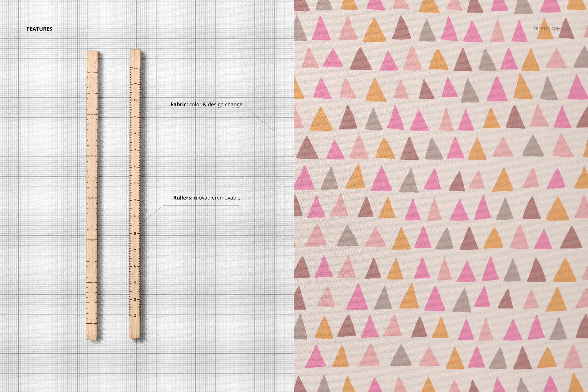Top view of jersey fabric mockup with colorful triangle pattern and two wooden rulers on a grid background.