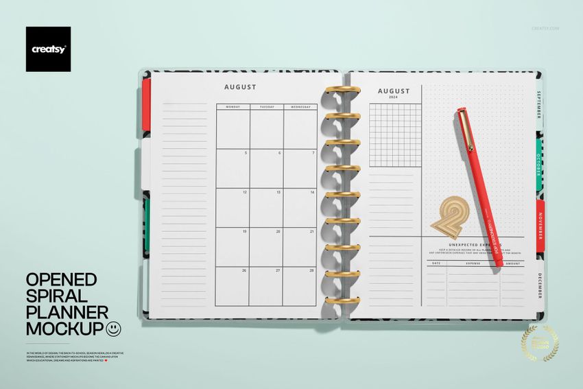 Top view of an open spiral planner mockup showing August calendar, grid notes page, and stationery accessories.