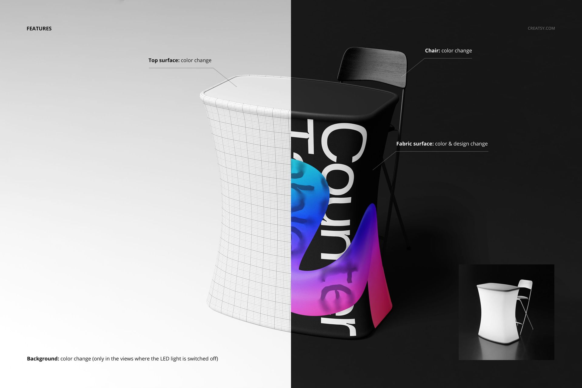 Curved trade show counter mockup with LED illumination, split view showing editable fabric and top surface colors.