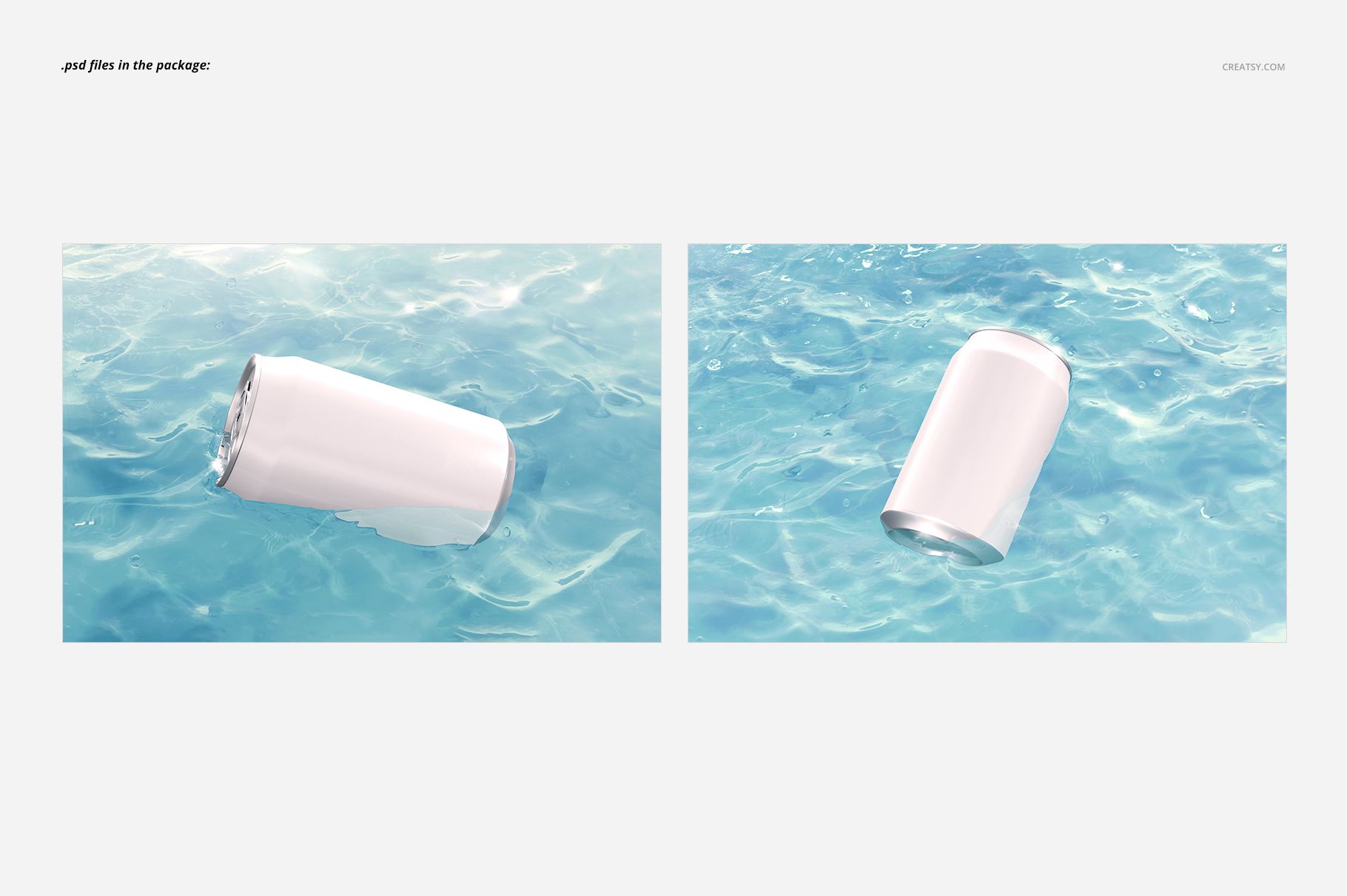 Aluminum can with a blank white label floating in clear blue water, shown from side and front angles in a mockup scene.