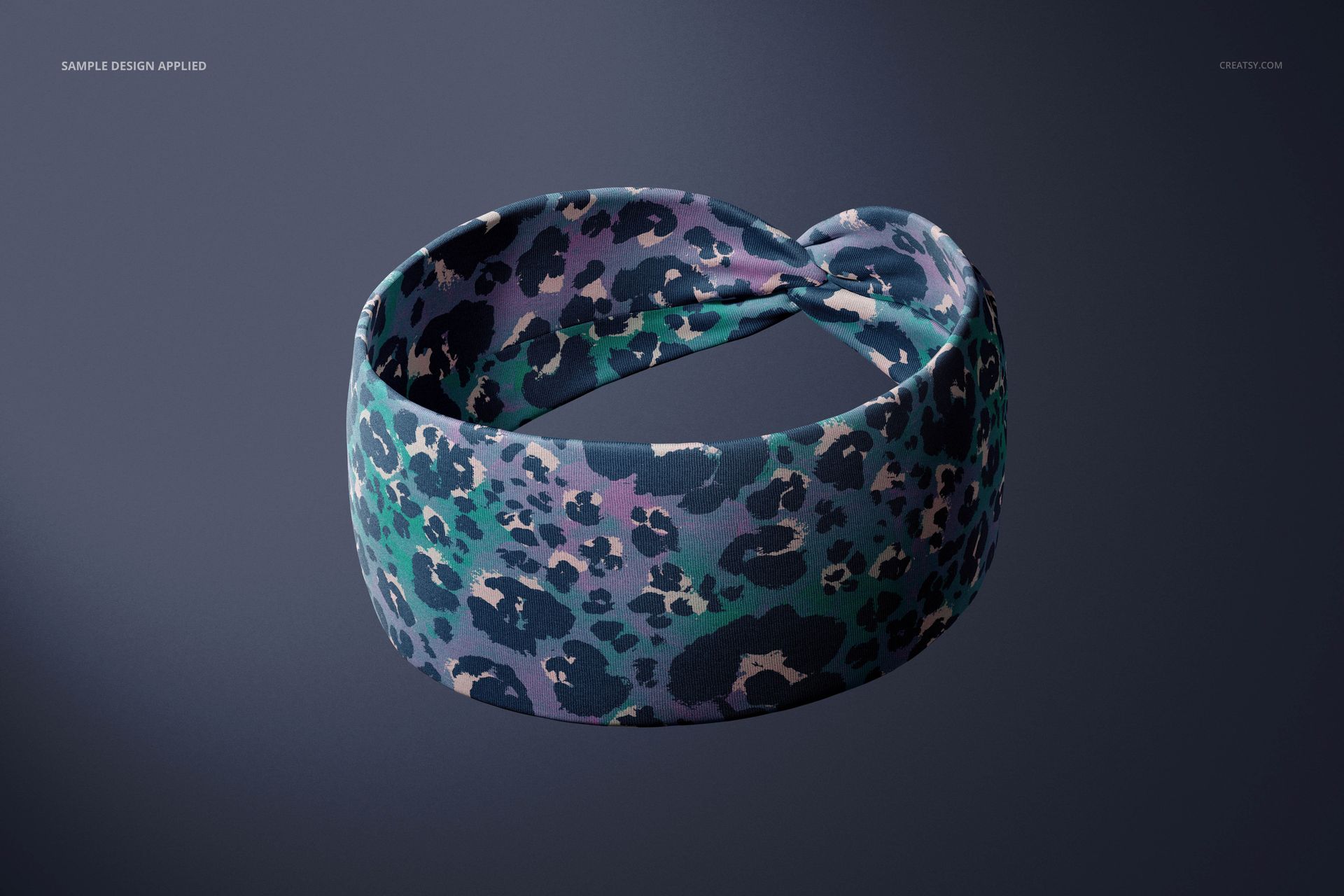 PSD mockup of a faux knot headband featuring a multicolored animal print design, shown on a neutral backdrop.