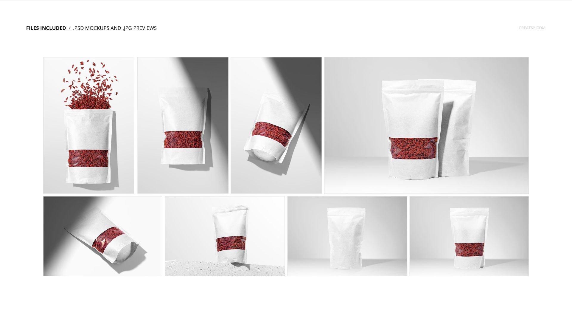 Dried goji berries paper pouch PSD mockup set featuring multiple pouch views, including standing, lying flat, and open with berries spilling.