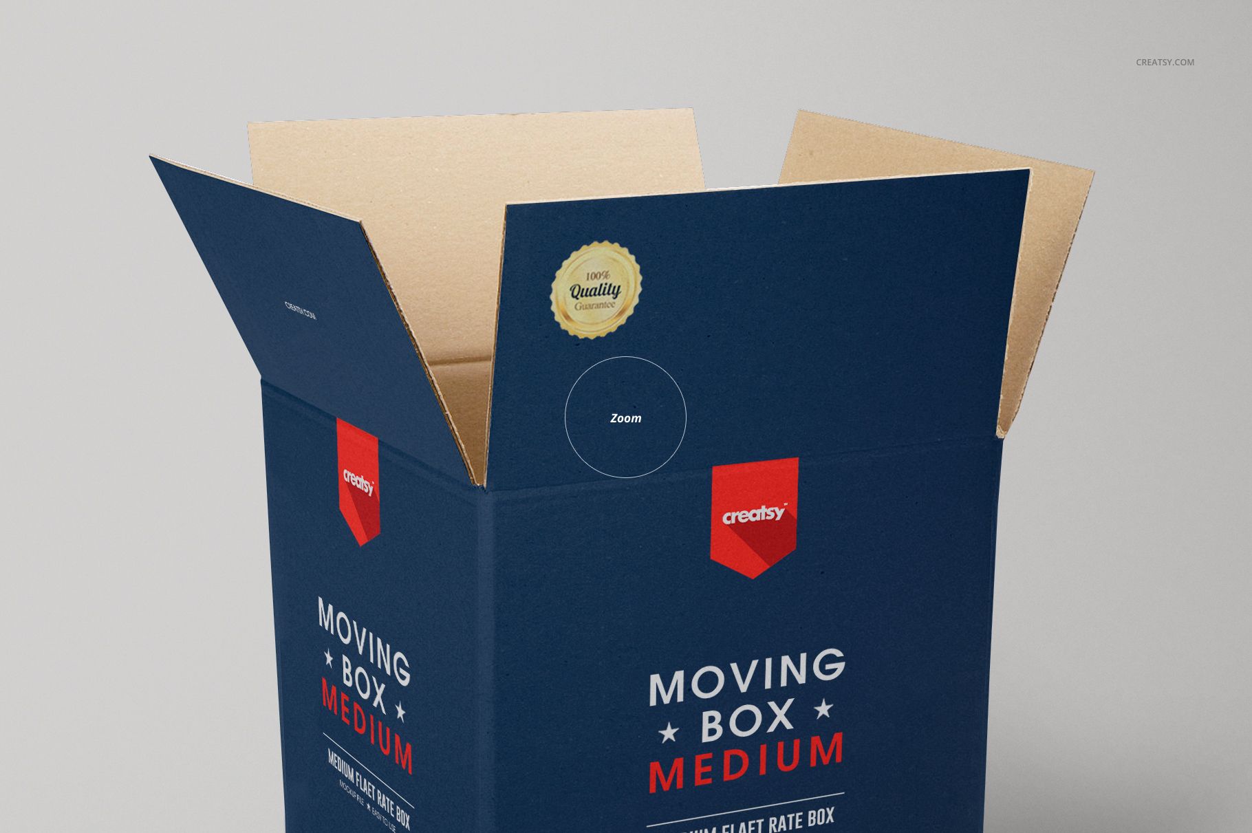 Cardboard moving box mockup in dark blue with open top, visible branding, and a clean, neutral backdrop.
