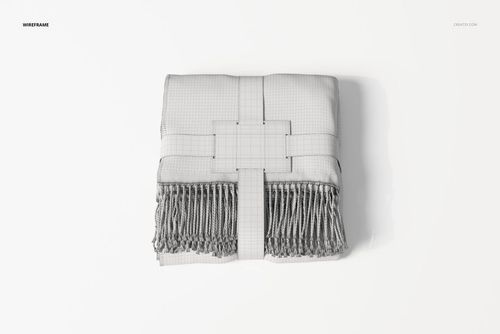 Folded fringe blanket with visible label, shown in a wireframe 3D model style from a top-down perspective.