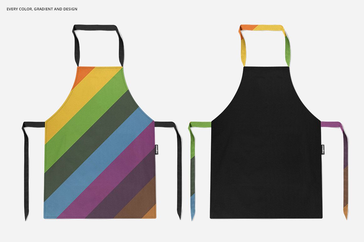 Apron mockup set showing two aprons side by side, featuring colorful stripes and a plain black design.