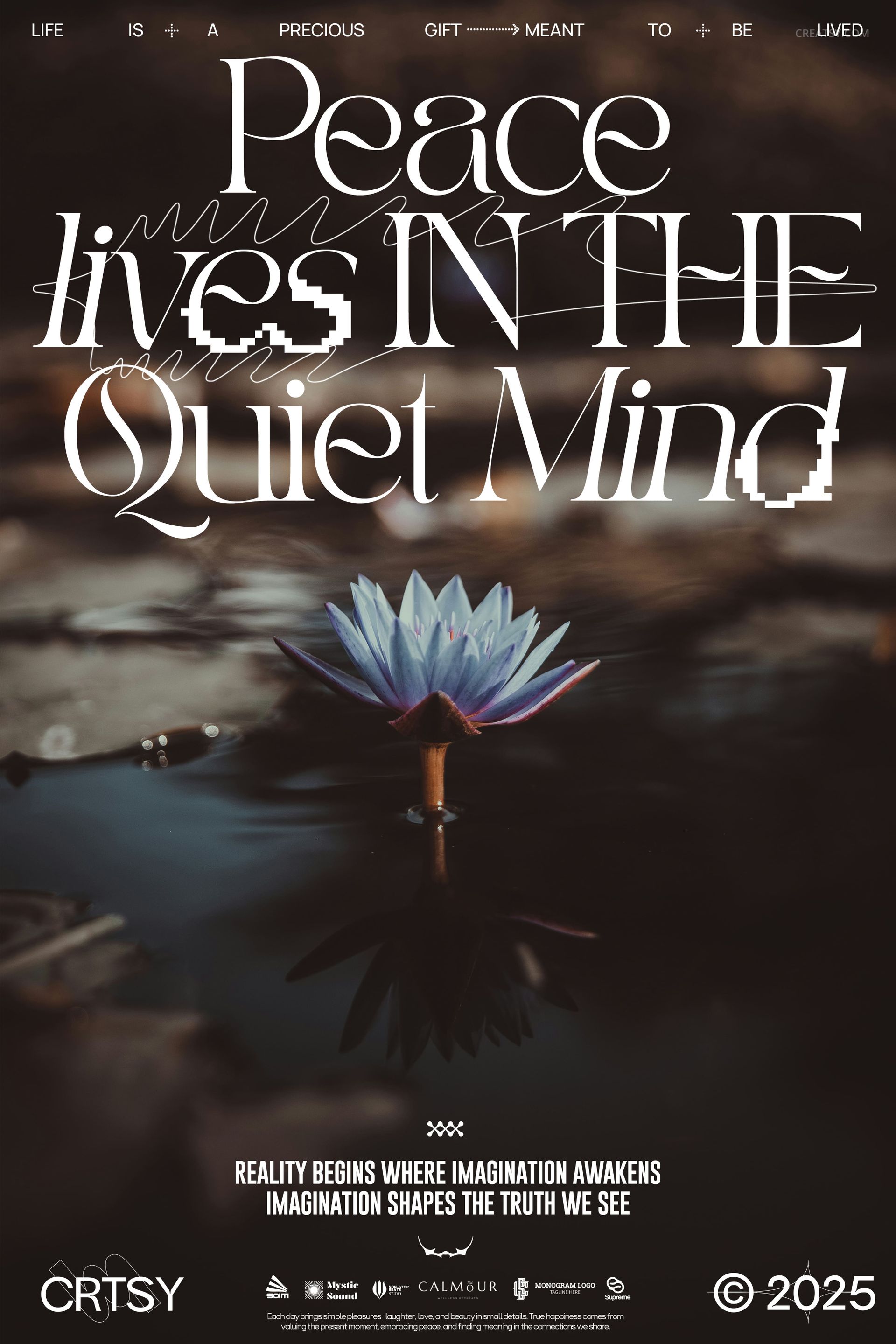 Front view of a poster mockup showing a serene blue lily and its reflection on water, surrounded by text elements.
