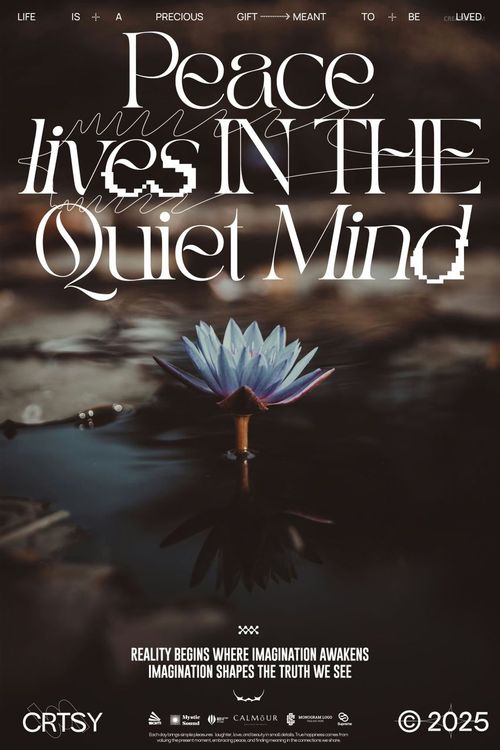 Front view of a poster mockup showing a serene blue lily and its reflection on water, surrounded by text elements.