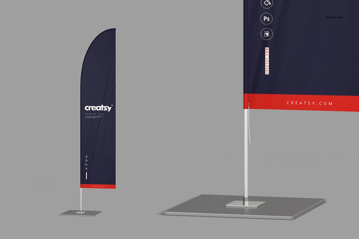 Outdoor flags mockup showing a tall teardrop-shaped flag and a rectangular flag, both with dark blue and red accents.