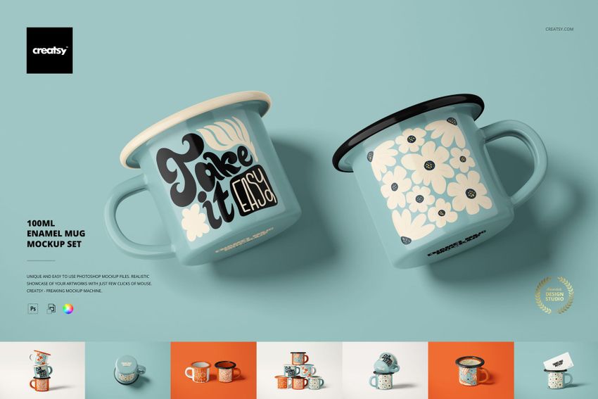 Two 100ml enamel mugs displayed on a light blue surface, one featuring bold lettering and the other with a floral pattern.