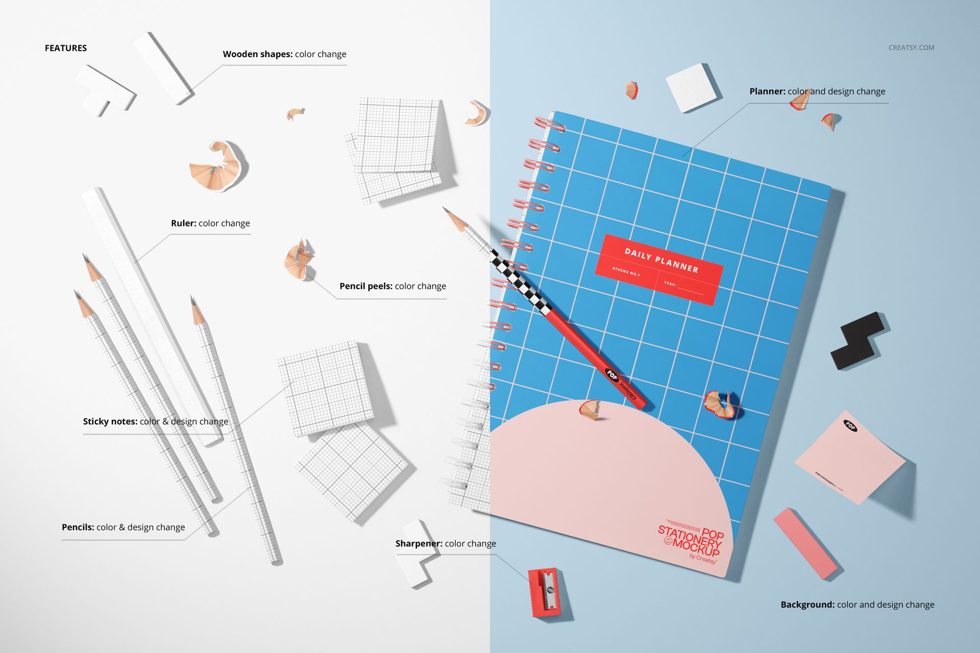 Stationery mockup featuring a spiral-bound planner, sticky notes, pencils, and assorted desk items viewed from above.