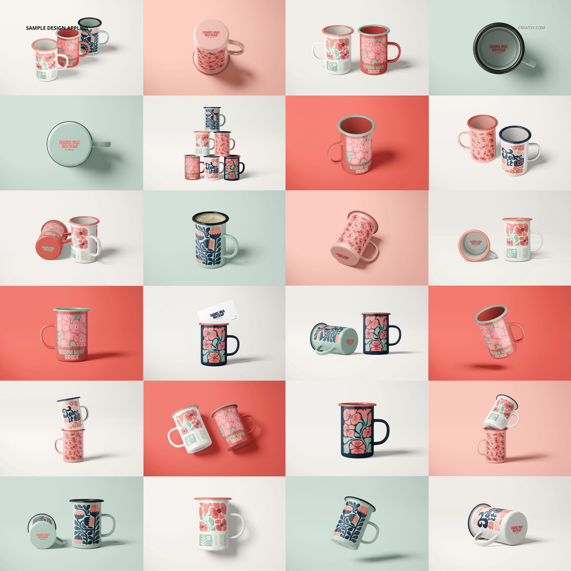 Grid of enamel mugs mockup featuring various floral and geometric patterns, shown from multiple perspectives on colored backgrounds.