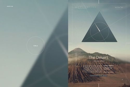 Nature-themed poster mockup with abstract triangle shapes, muted blue tones, and a scenic mountain background.
