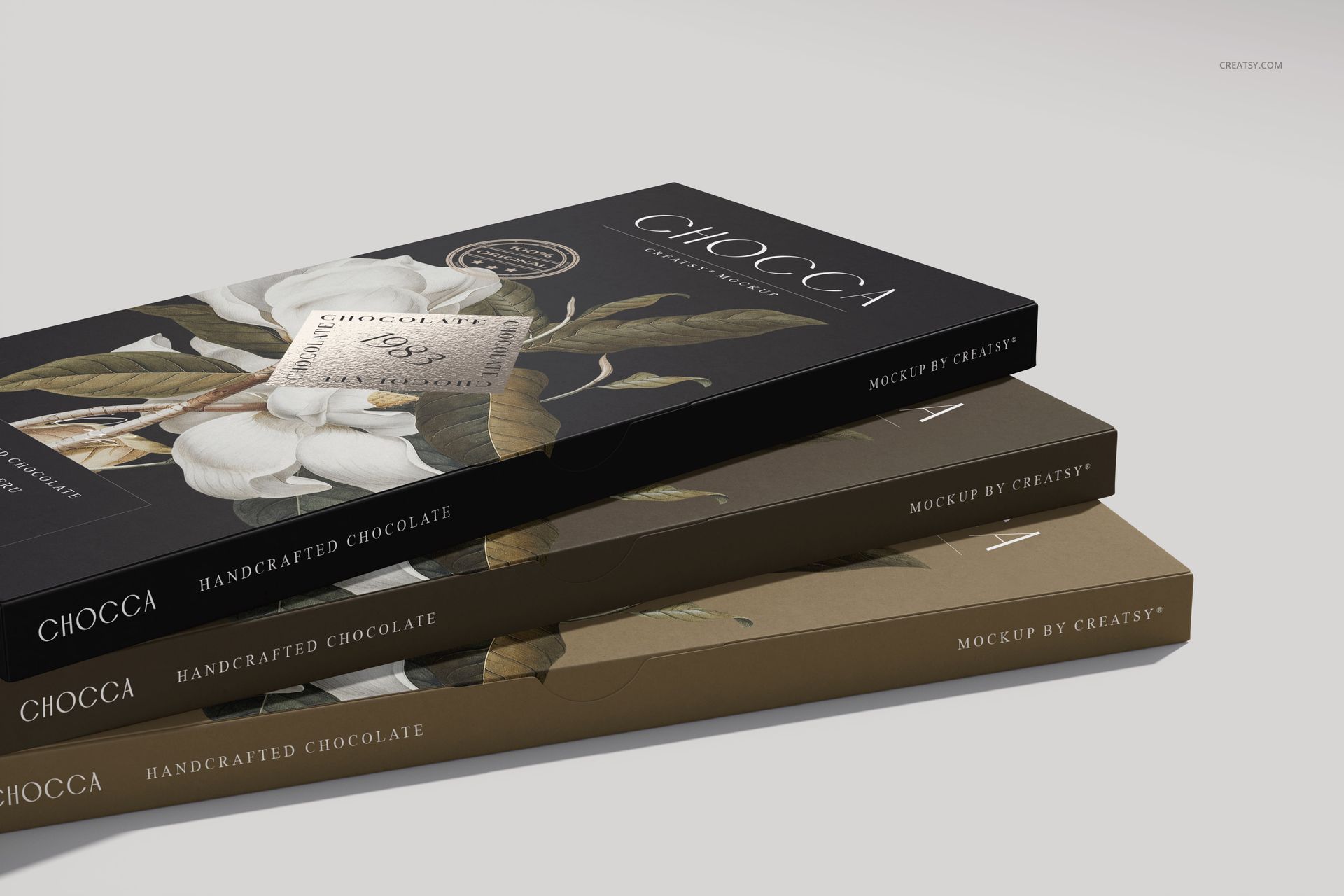 Front view of three rectangular chocolate bar packaging mockups stacked, featuring floral artwork and neutral colors.