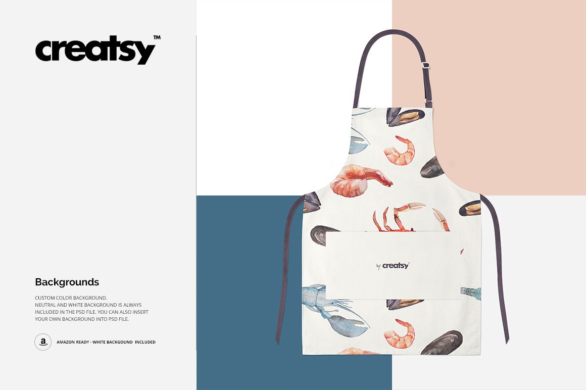 Front view of a kitchen apron with seafood illustrations, displayed on a color-block background in a PSD mockup.