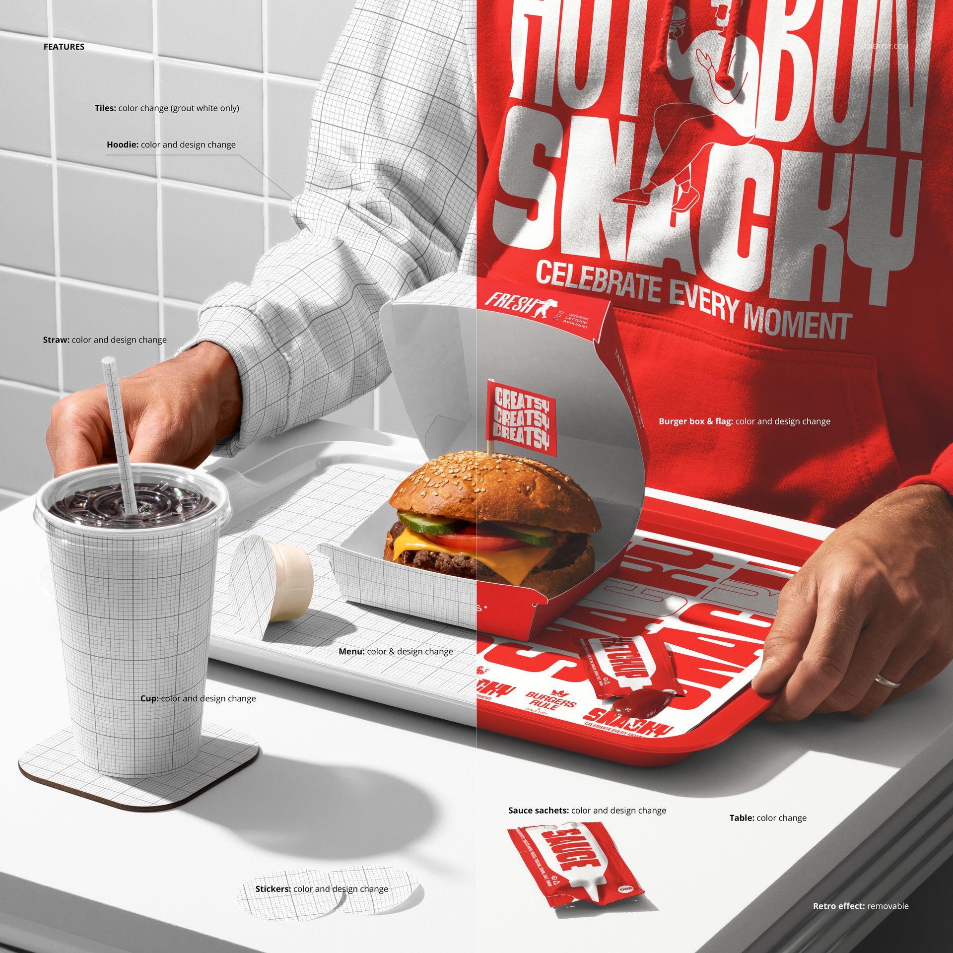 Person sitting at a burger bar table with a burger, fries, soda cup, and red tray in a PSD mockup scene.