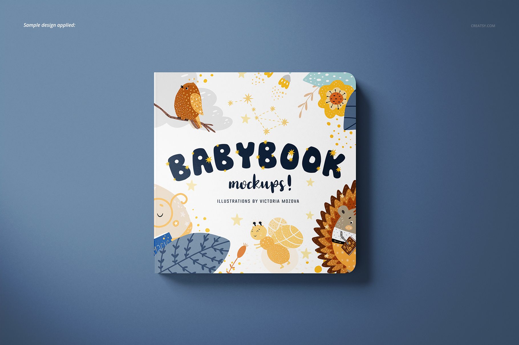 Mockup of a square baby book featuring whimsical animal artwork and decorative elements, shown from the front.