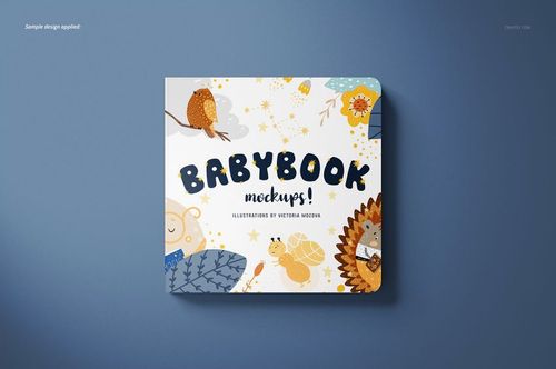 Mockup of a square baby book featuring whimsical animal artwork and decorative elements, shown from the front.