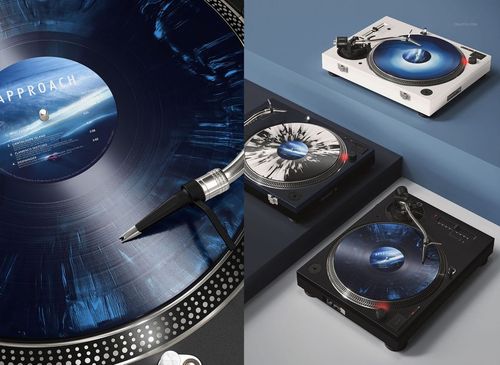 Close-up of a blue and black special effects vinyl record mockup on a turntable, with stylus arm positioned over it.
