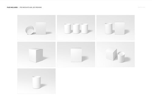 Set of cotton wick candle mockups and matching boxes shown in various angles on a plain white background.