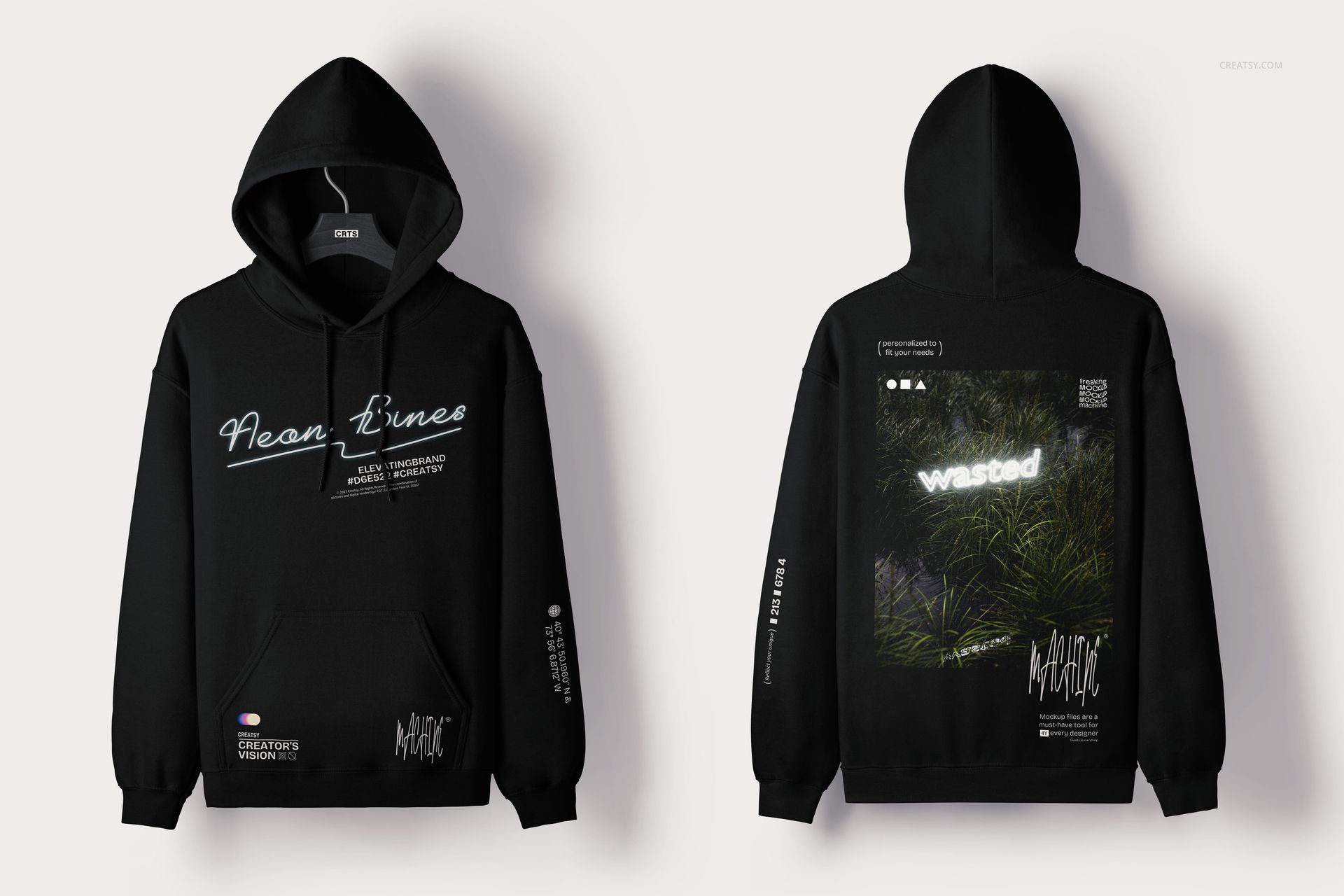 Black adult hoodie mockup set showing front and back views, featuring neon text and graphic designs on fabric.