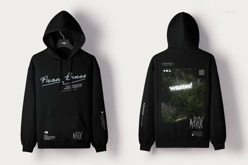 Black adult hoodie mockup set showing front and back views, featuring neon text and graphic designs on fabric.