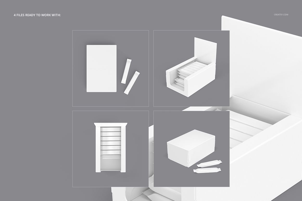 Chocolate bar box mockup set showing four views of a rectangular box and chocolate bars on a gray background.