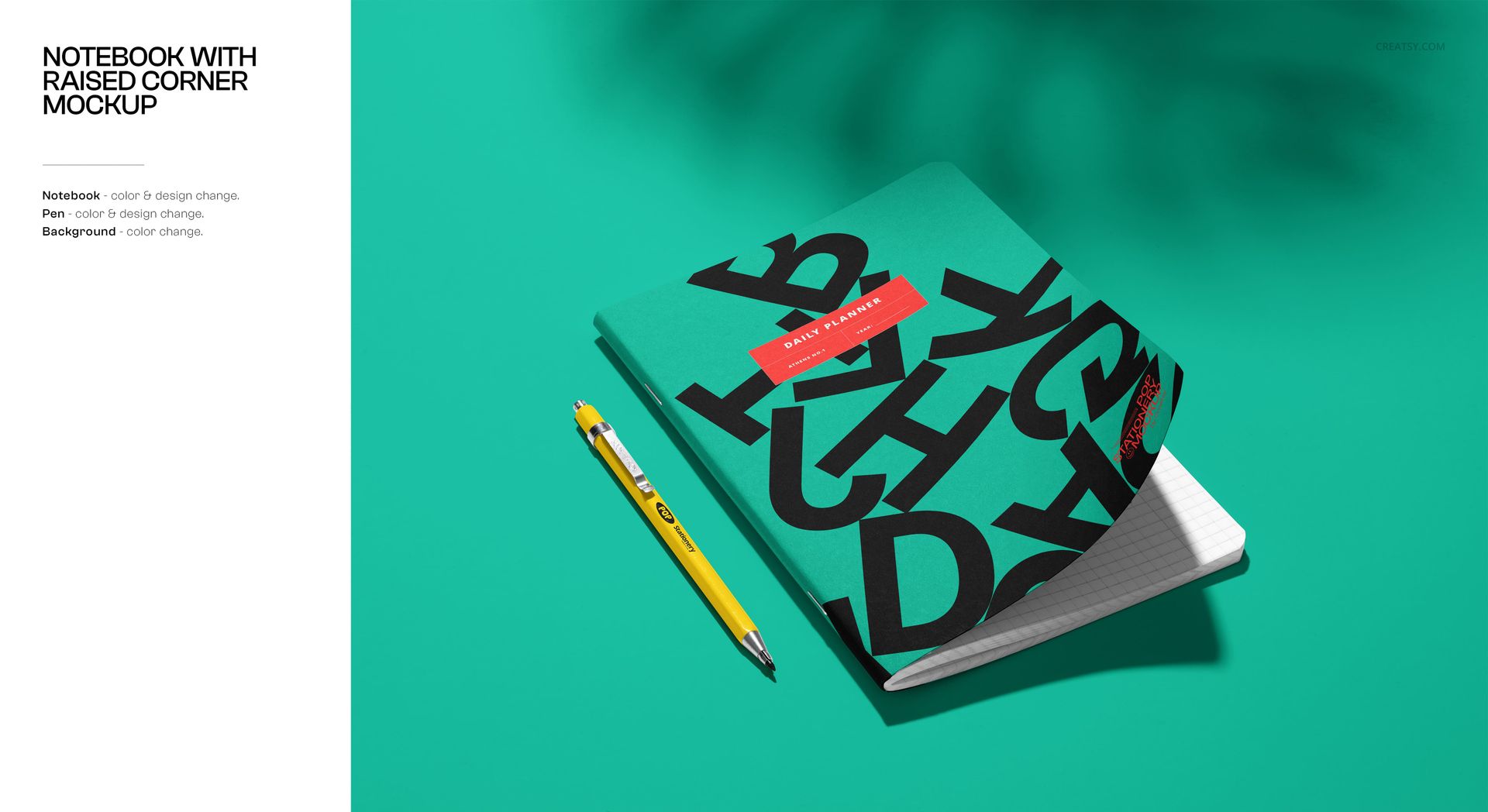 PSD mockup featuring a closed notebook with raised corner, yellow pencil, and dramatic shadows on a turquoise background.
