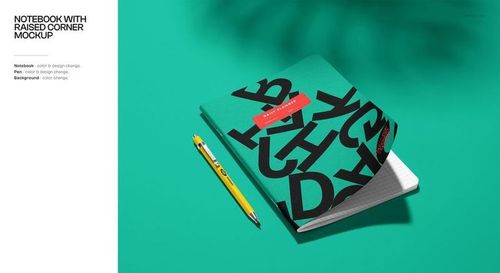 PSD mockup featuring a closed notebook with raised corner, yellow pencil, and dramatic shadows on a turquoise background.