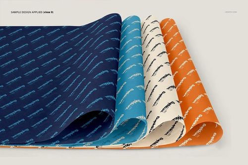 Four sheets of wrapping tissue paper mockup in navy blue, light blue, cream, and orange, displayed from a top angle.