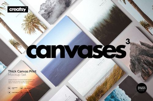 Mockup set of thick canvases with gallery wrap edges, showing assorted nature-themed designs in a scattered layout.