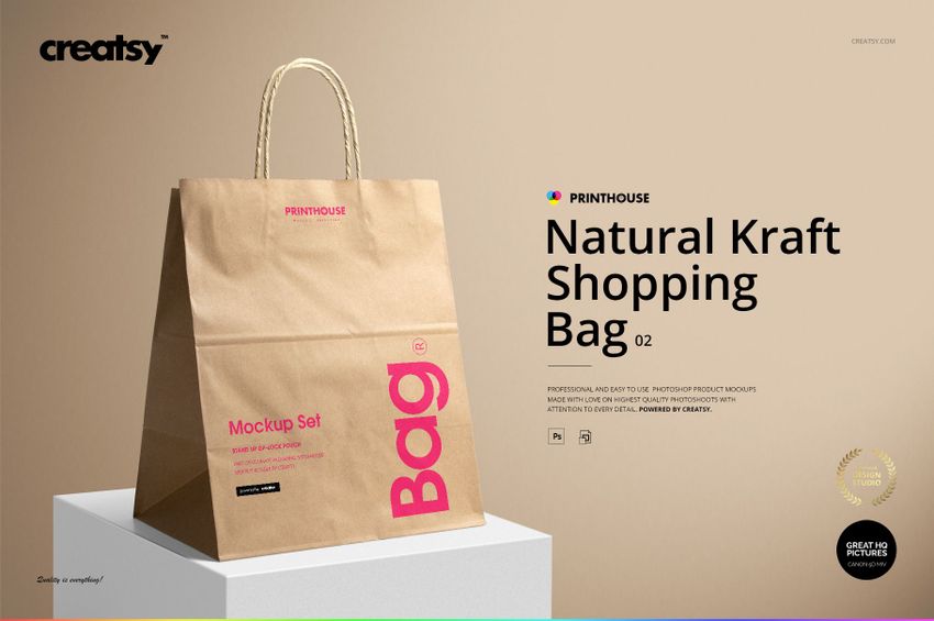 Front view of a natural kraft shopping bag mockup with rope handles, featuring pink text and minimal design.