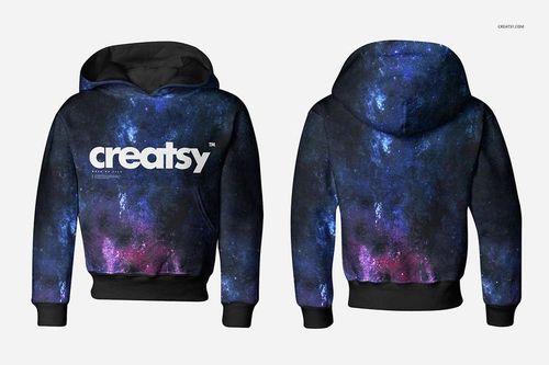 Kids hoodie mockup featuring a galaxy pattern in blue, purple, and black, shown from front and back on a plain background.