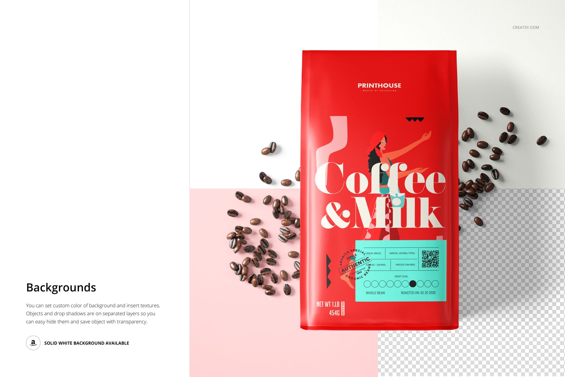 Front view of a side gusset bag mockup featuring a red package with illustrated coffee and milk graphics and beans.