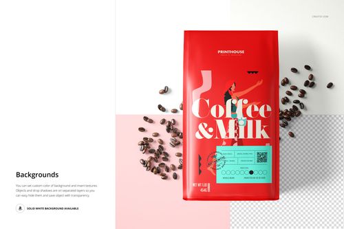Front view of a side gusset bag mockup featuring a red package with illustrated coffee and milk graphics and beans.