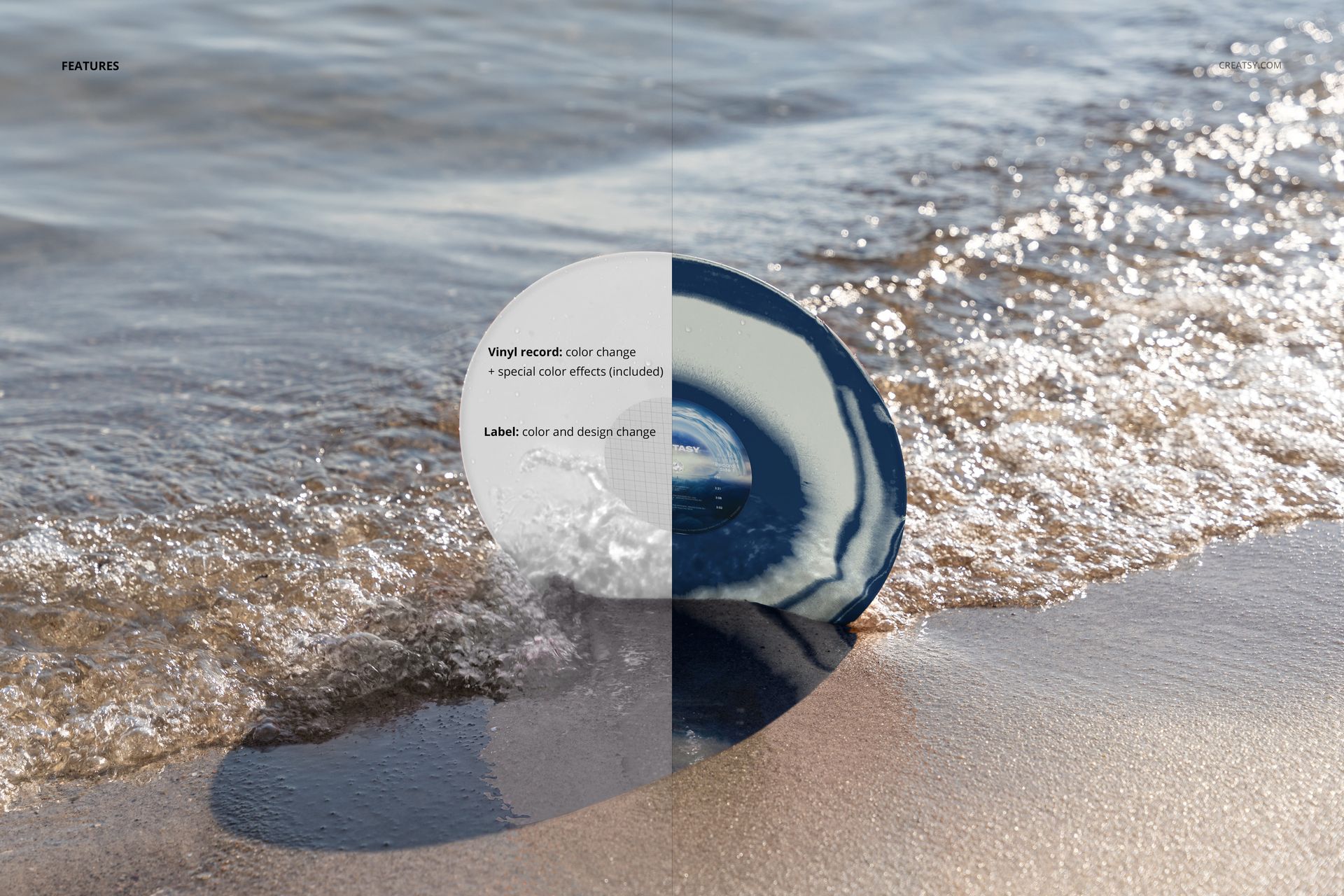 PSD mockup featuring a vinyl record stuck in sand by shoreline, with foamy waves and soft natural lighting.