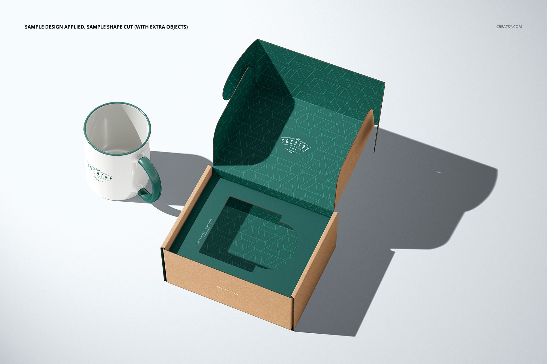 Insert tray mailing box mockup with teal interior and geometric design, displayed alongside a matching mug.