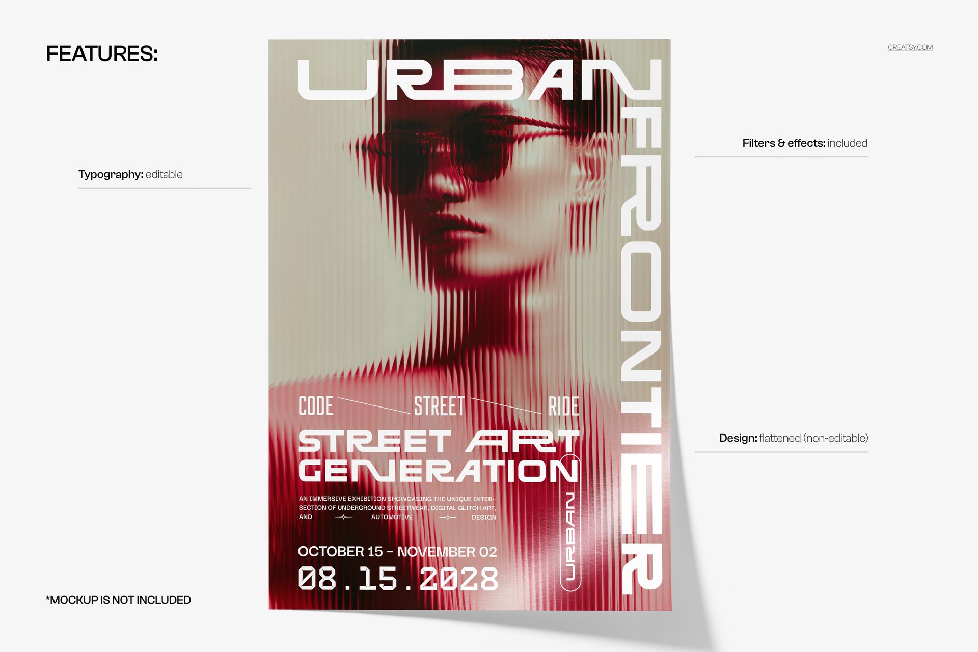 PSD mockup of a vertical poster showing a stylized portrait with glitch lines and modern text, set against a light background.