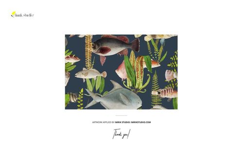 Rectangular silk scarf mockup featuring a marine-themed pattern with various fish and green plants on a dark background.
