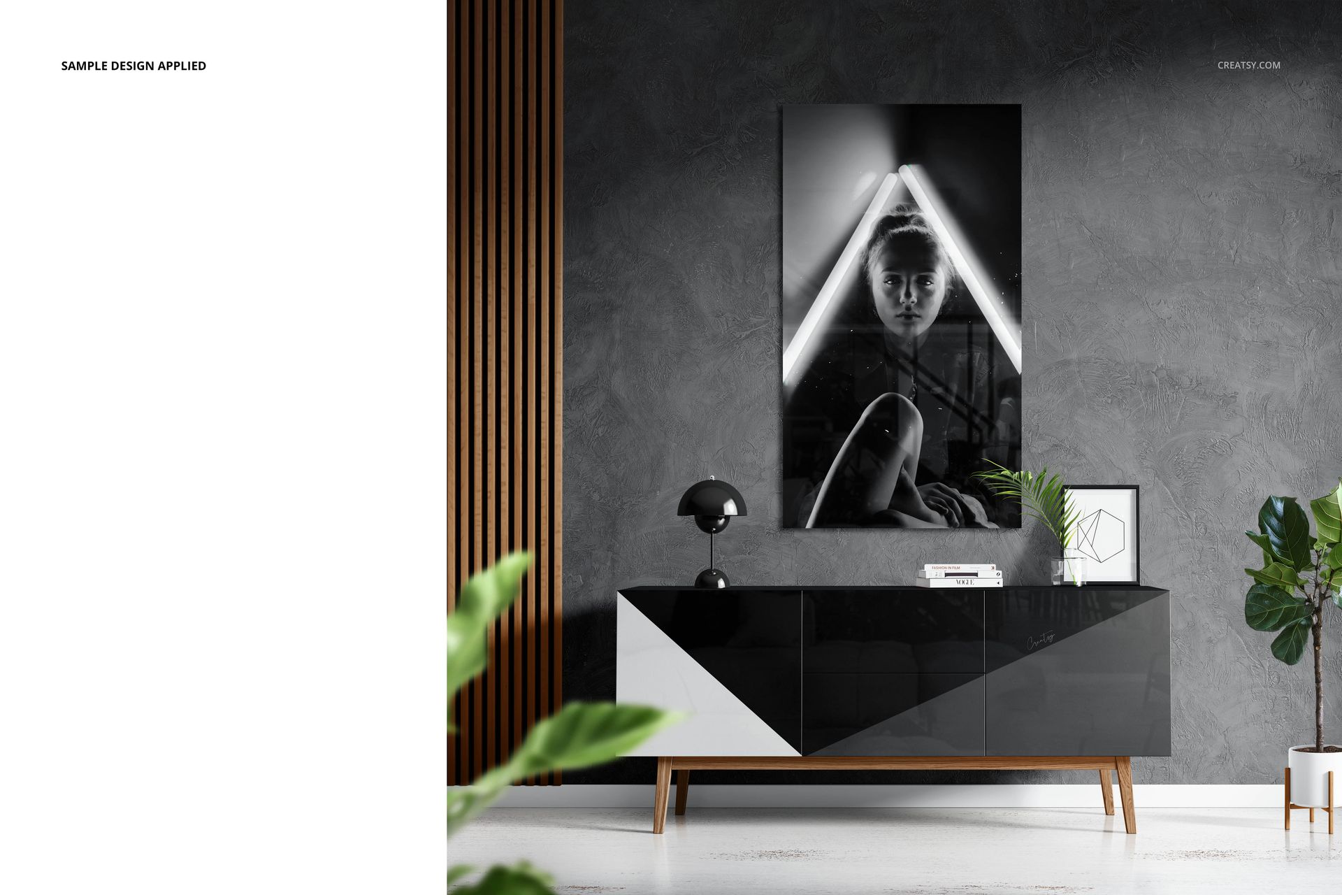 Aluminum metal print mockup scene showing a vertical print with geometric artwork above a modern sideboard.