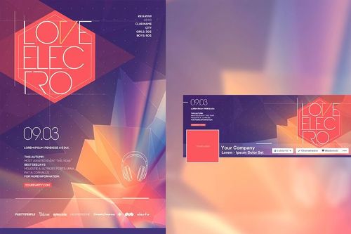 Abstract poster and Facebook cover mockup featuring vibrant gradients, polygonal patterns, and modern typography.