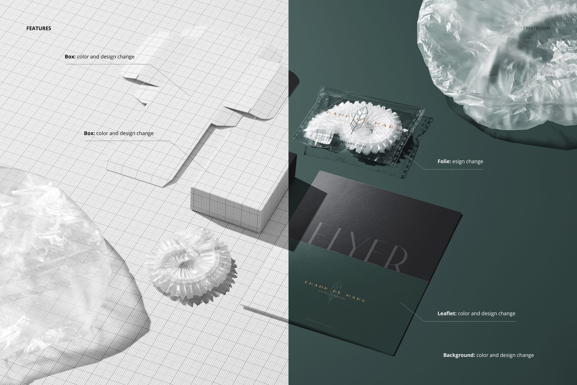Hotel shower cap mockup shown from above, featuring a transparent cap on a grid background with paper props nearby.